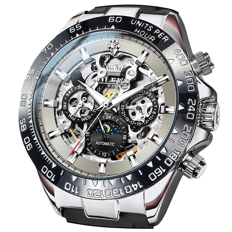

OLEVS Automatic Skeleton Watch with Date Luminous Fashion Business Gray Men s Display, Waterproof, Diamonds, Watch,