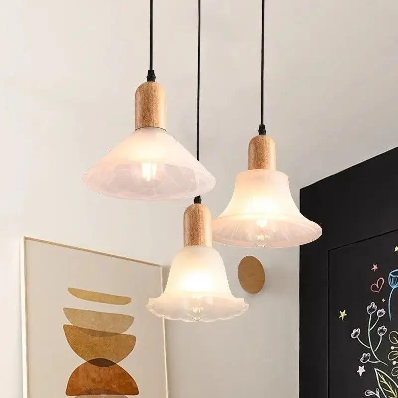 LED Nordic Glass Pendant Light Modern Wooden 1-3 Heads  Hanging Lamp Dining Room Living Room Bedroom Coffee Indoor Decor Fixture