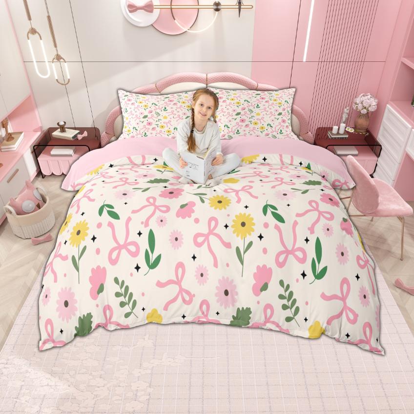 Homewish Kawaii Bow Knot Duvet Cover Set For Princess Girls Ribbon Bedding Set Bow-Tie Quilt Cover Set Bedroom Decor