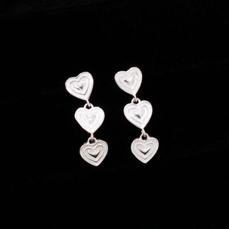Heart drop earrings, simple sterling silver with a dangling engraving.