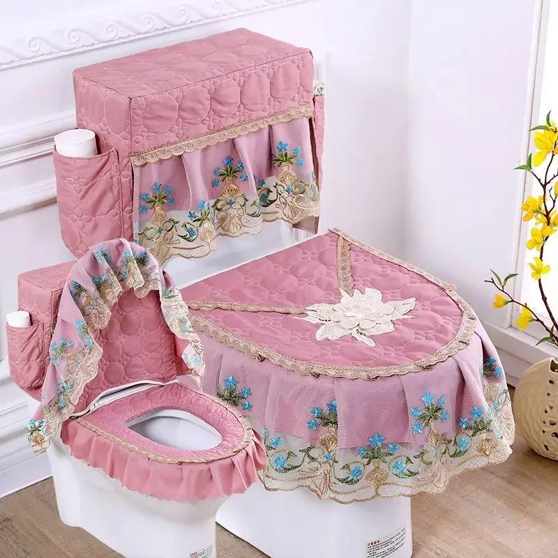 Lace 3D Embroidered Toilet Three Piece Set U-shaped Zipper Closestool Cover with Storage Bag Feather Wave Edge Dust Cushion