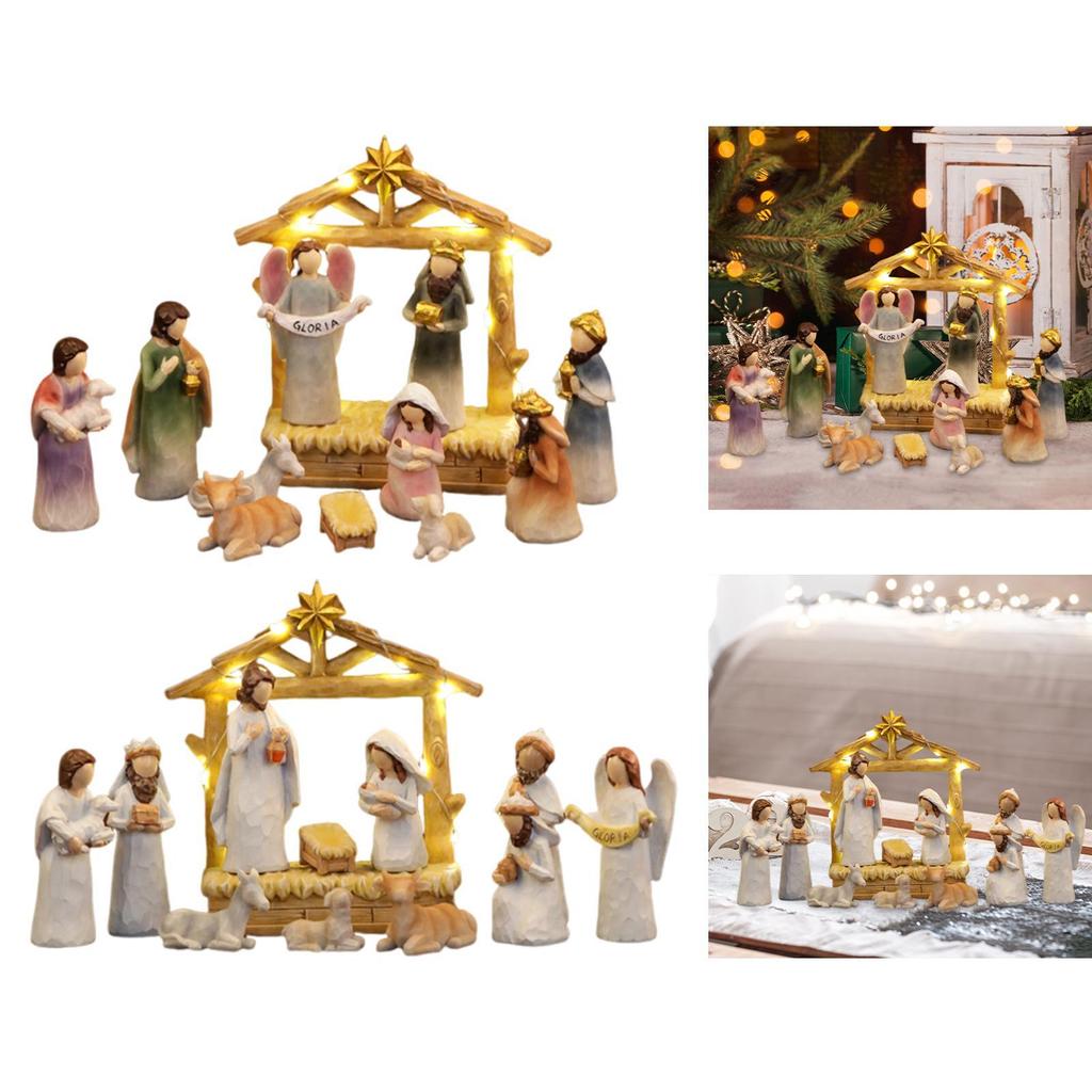 Lighted Up Resin Holy Family Statue Christmas Festival Decor Miniature Centerpiece for Living Room Table Decoration