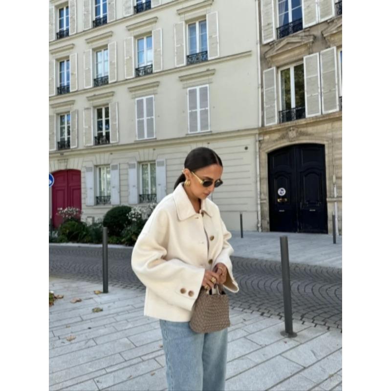 Fashion Single Breasted Cuff Buttons Wool Blends Jackets Woman Long Sleeved Lapel Short Coat Autumn Female High Street Overcoat