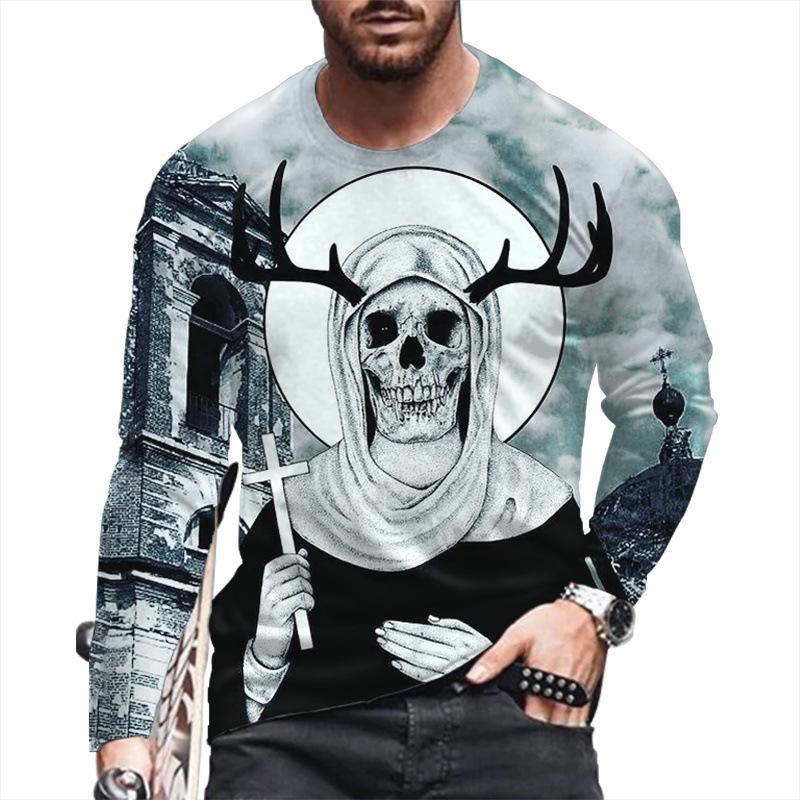 Autumn Winter Men's Christmas Pullover Long Sleeve Top Loose Fit Spring Skeleton Youth Men Round Neck Casual T-shirt