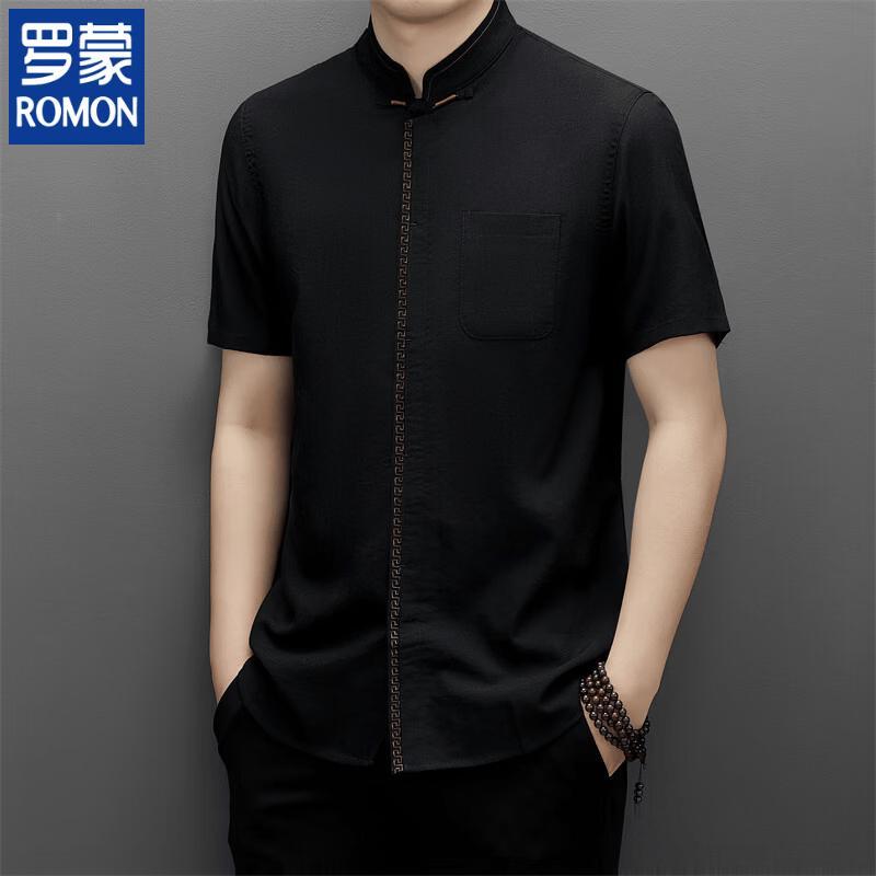 

ROMON Men s Chinese Style Embroidered Stand-Collar Short-Sleeve Shirt 42/185