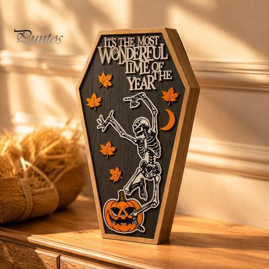 Festival Atmosphere Ornaments Halloween Table Sign, Spooky Message Board, Wooden Tabletop Centerpiece with Skeleton Unique Presents And Maple