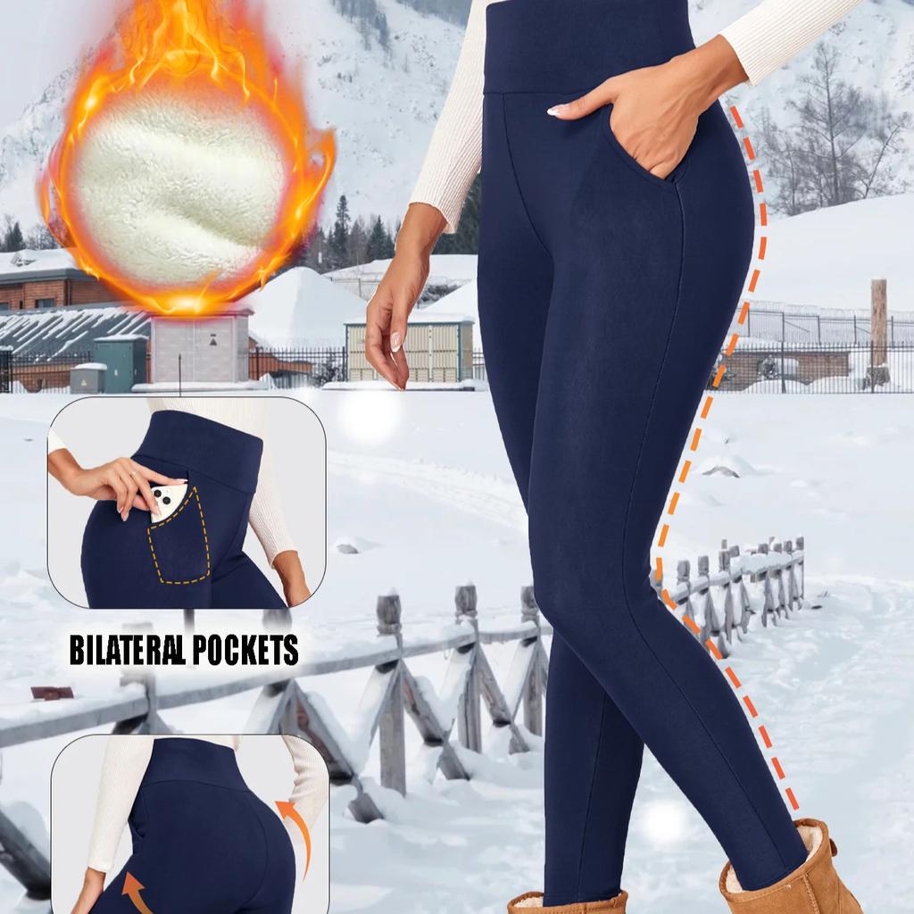 Pants with Pockets Winter Warm Lamb Wool Thick Leggings Velvet High Waist Skinny Elastic Casual Female Pants