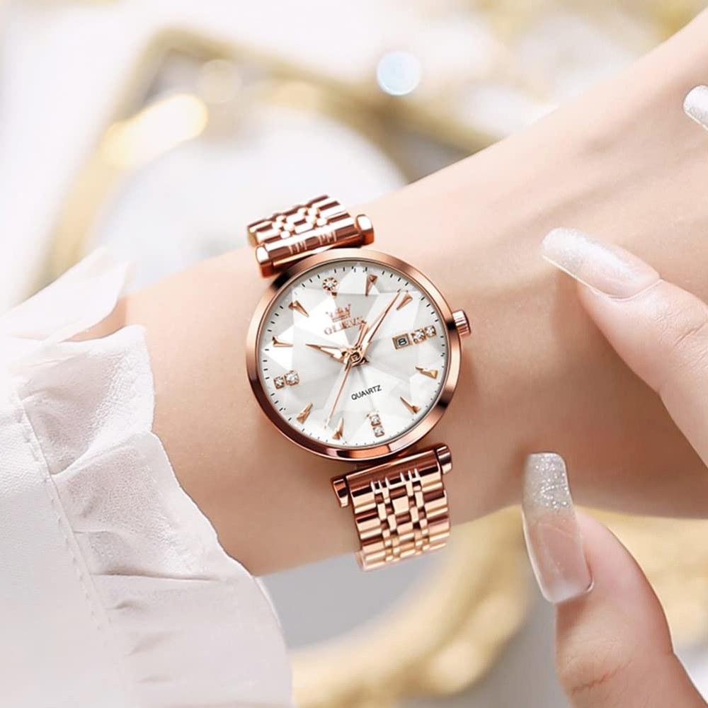 OLEVS Women's Dress Watch Rose Gold Stainless Steel Waterproof Quartz Date Diamond Small Size Fashion Analog Dial Multiple Colors