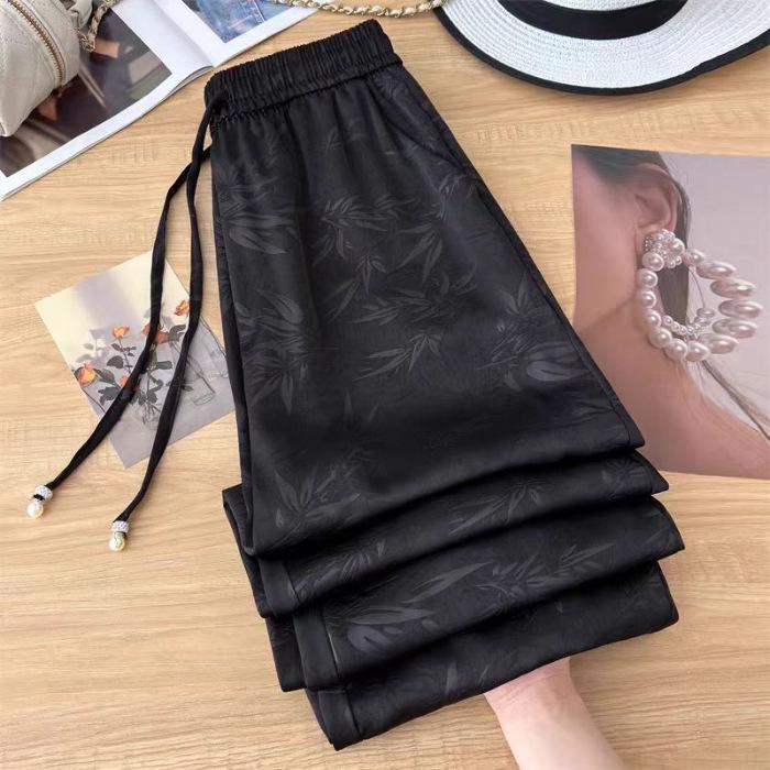 2025 New Style Petite Women's Satin Wide-Leg Pants with Elastic Waist