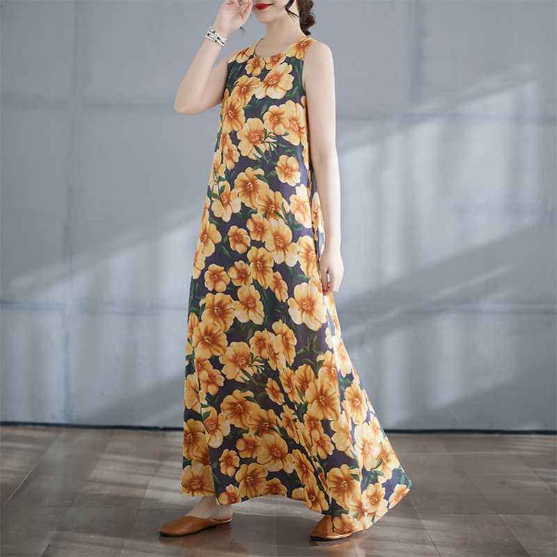 

Женская длинная юбка лето новое платье с круглым вырезом и принтом M