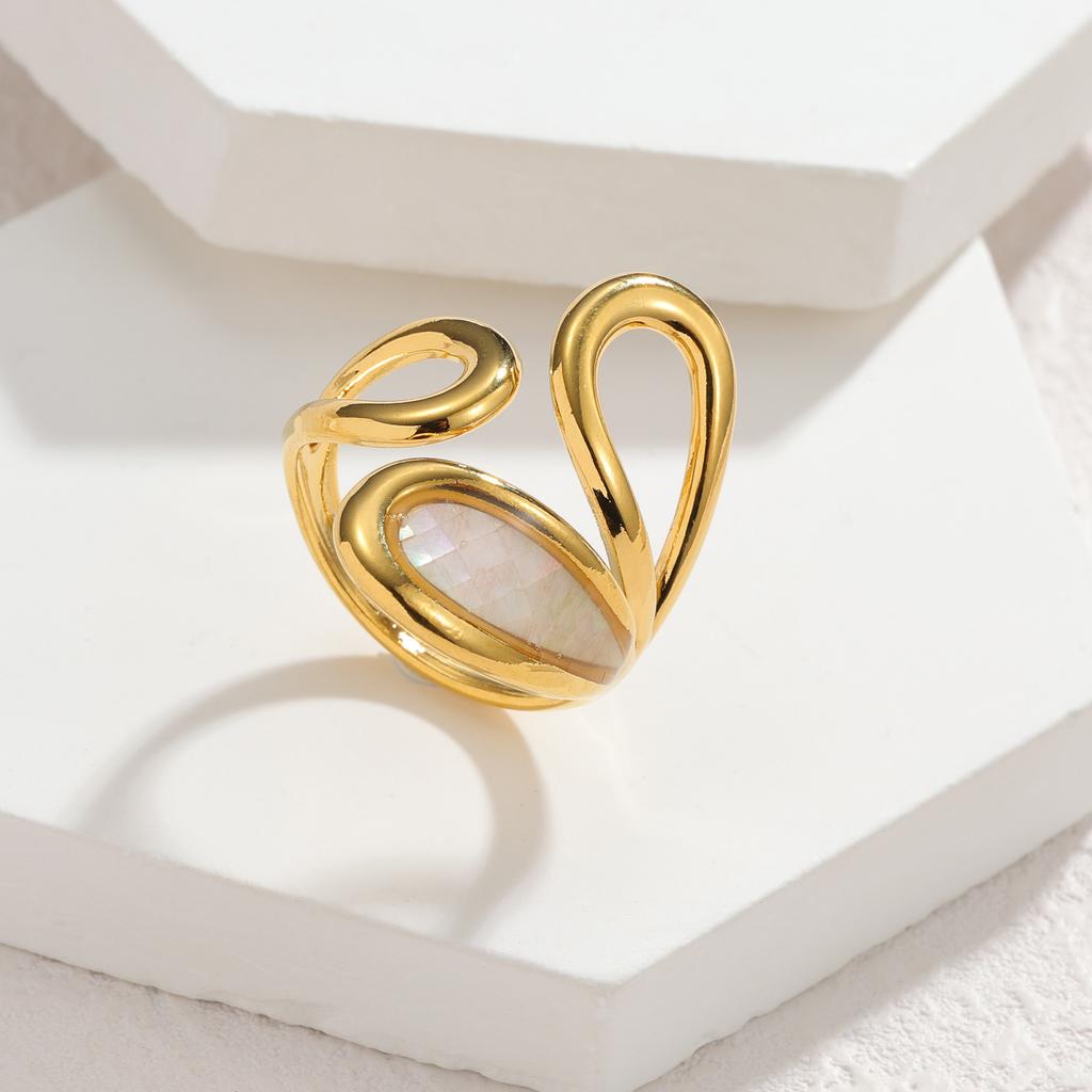 Stainless Steel Vintage Irregular Geometric Rings for Women Statement Retro Inlaid Shell Adjustable Open Ring Daily Jewelry Gift