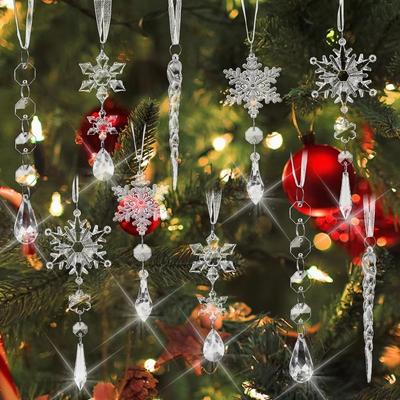 10Pcs Simulation Snowflake Ice Strip Pendants Transparent DIY Acrylic Christmas Tree Ornaments Exquisite with Ribbons