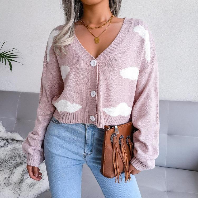Women Autumn Winter Knitted Cardigan Long Sleeve V Neck Printed Single Breasted Sweater