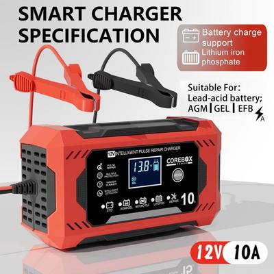 Car Battery Charger - Intelligent - 12V 10A - LCD Display - Multi-Protection - Repair