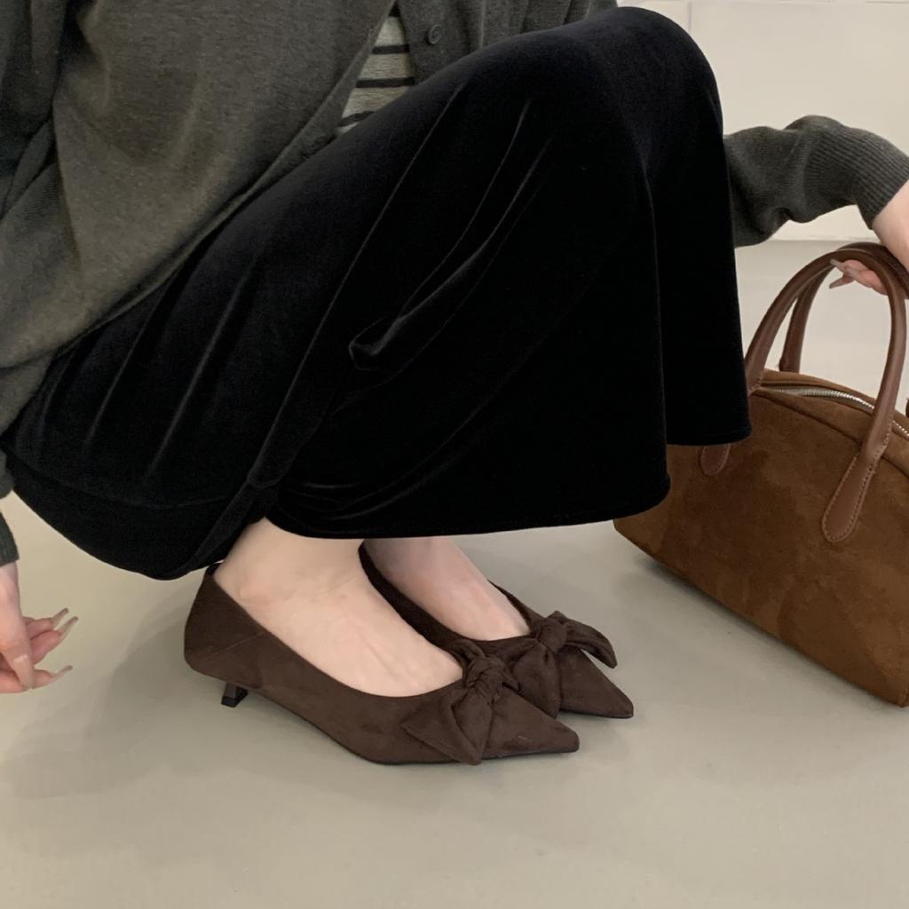 Niche French Black High Heels Women's Shoes 2025 New Spring and Autumn Temperament Suede Bow Pointed Single Shoes