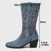 Women Embroidered Denim Western Boots Height Increasing Square Heel Mid-calf Boots for Office Nightclub Evening Party Banquet