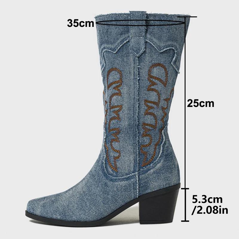 Women Embroidered Denim Western Boots Height Increasing Square Heel Mid-calf Boots for Office Nightclub Evening Party Banquet