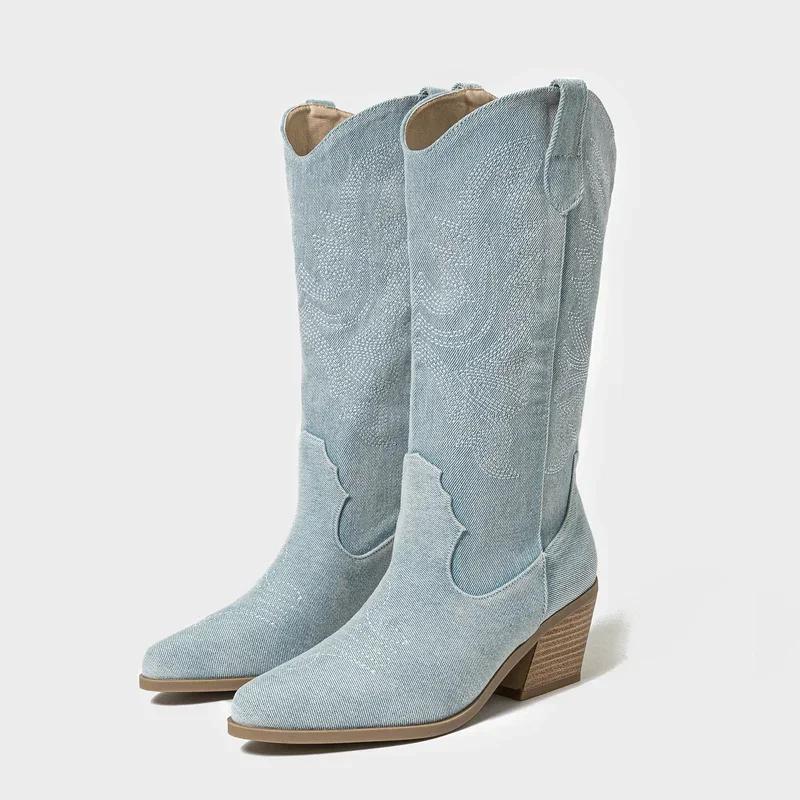 Fashion Fashion Denim Pointed Toe Knee-High Boots Women Hand Embroidery Design Western Square High Heels Autumn Winter Shoes Botas Mujer