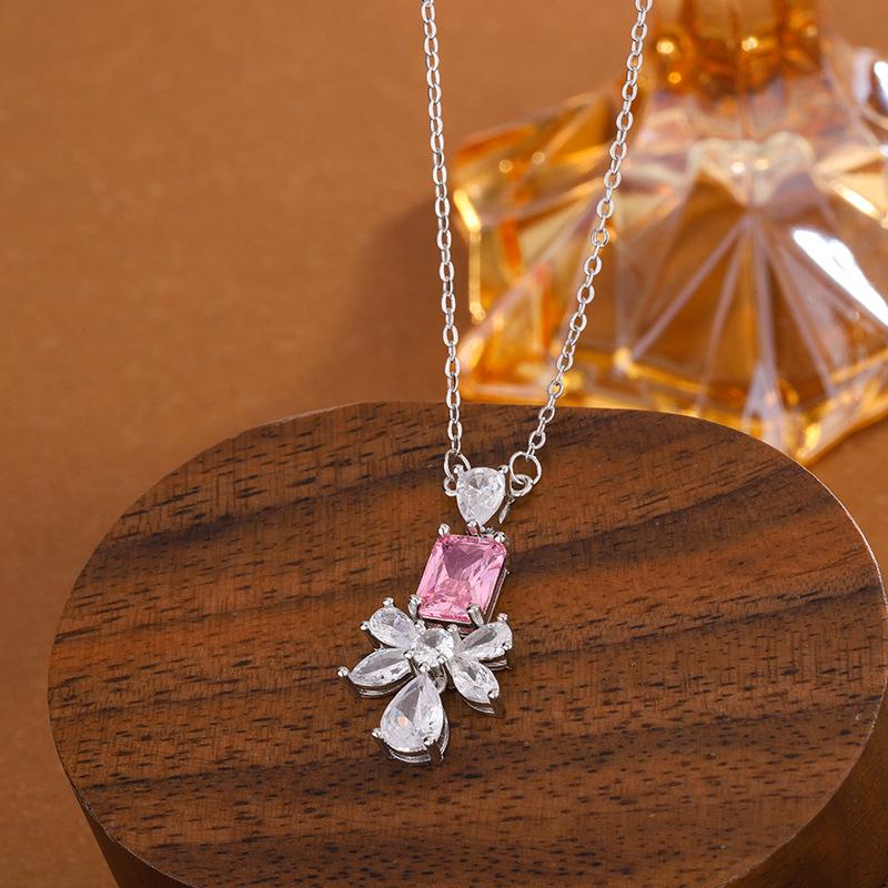 Exquisite Yellow-Pink Rectangular Gemstone Bow Water Drop Necklace Feminine Bridal Dress Accessory Pendant Party Birthday Gift