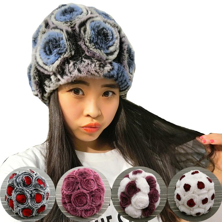 Women's Fashionable Winter Thick Rex Rabbit Fur Hat with Rose Fur Flowers Real Knit Appropriate for Parties