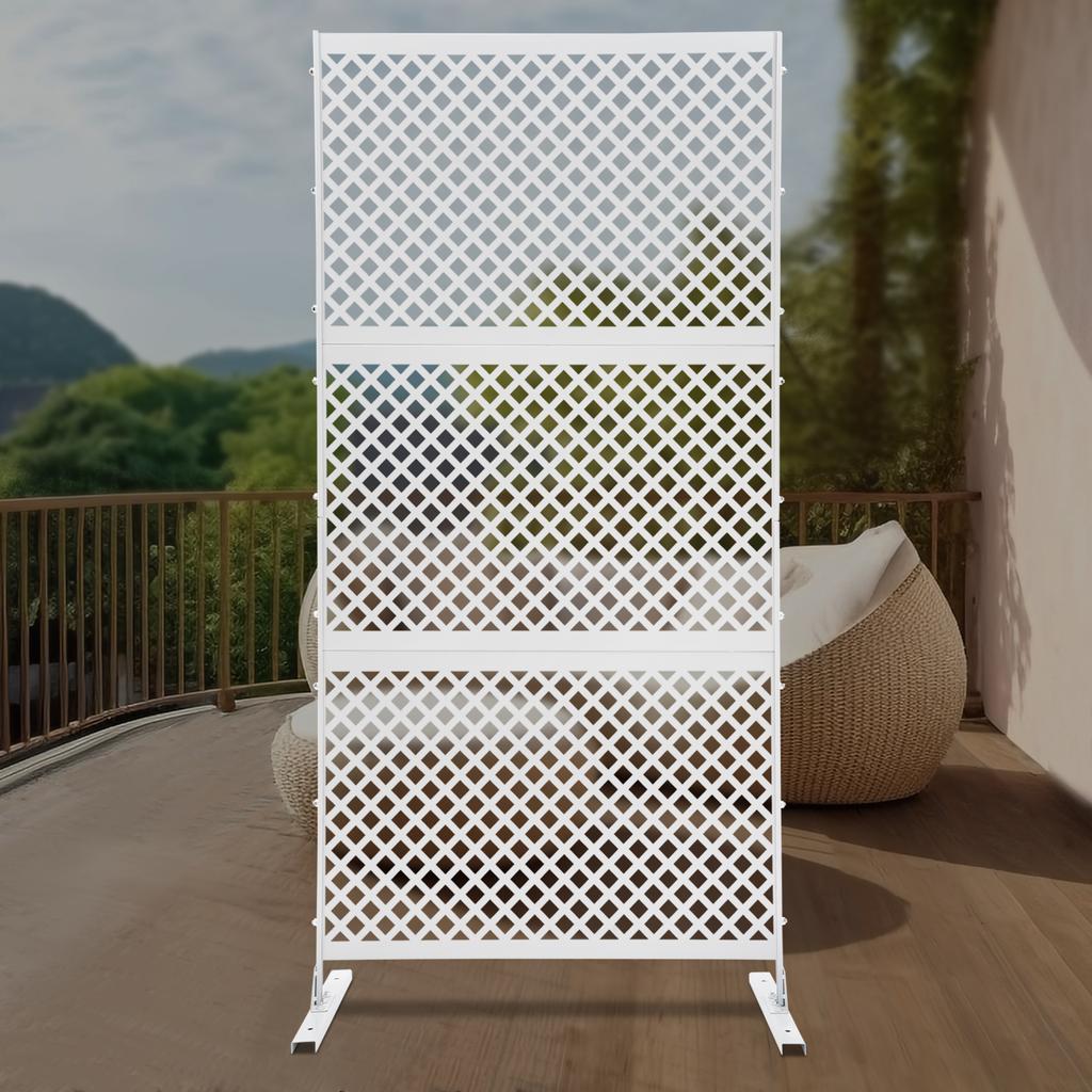 Elegant White Steel Privacy Screen with Diamond Pattern, Freestanding Room Divider - 3 Panels, Laser-Cut Design, 74.8in Height