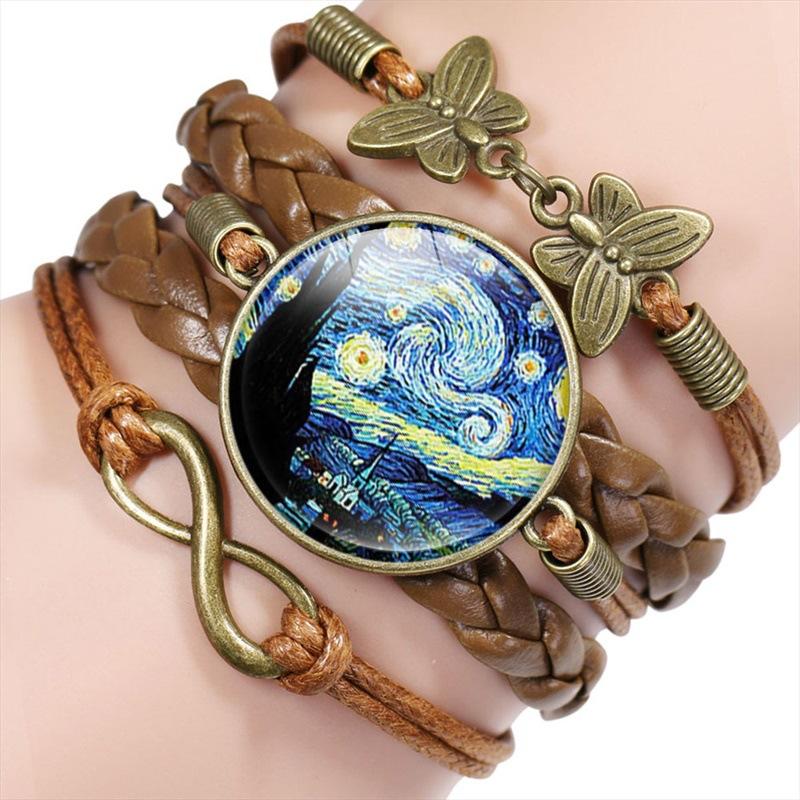 Vintage Handmade Leather Multi Layer Bracelet Butterfly Infinity Design Van Gogh Painting Crystal Bangle Jewelry Set