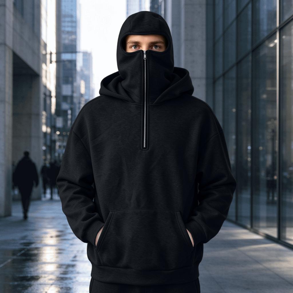 Felpa con cappuccio e zip da uomo, a doppio strato antivento con protezione per il viso
