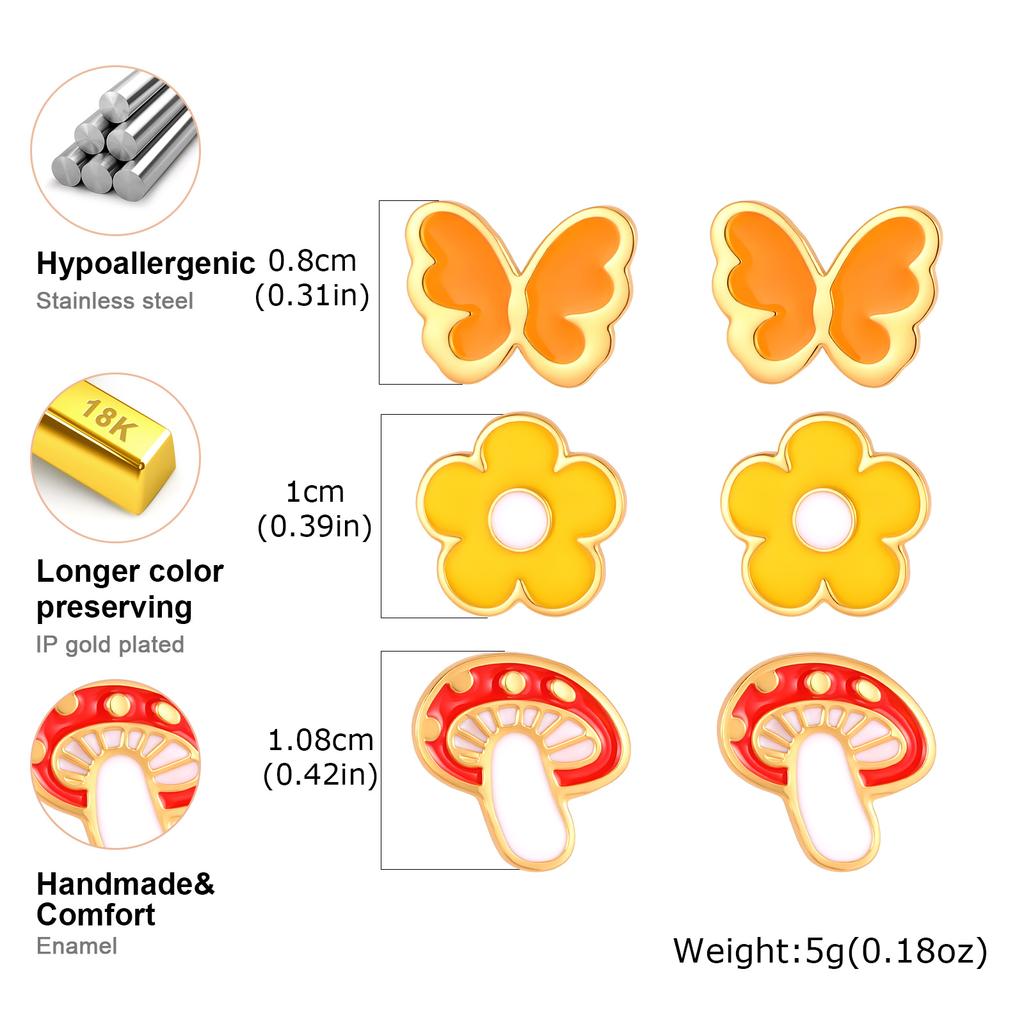 Vnox 3pairs/Set Sweet Dripping Oil Enamel Flower Mushroom Butterfly Charms Stud Earrings for Girls, Cute Enamel Earrings Jewelry