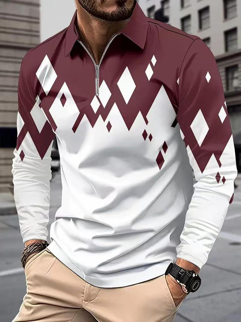 Pánská nadměrná polokošile s dlouhým rukávem a digitálním potiskem s klasickým límečkem - Evropský a americký styl pro jaro a podzim