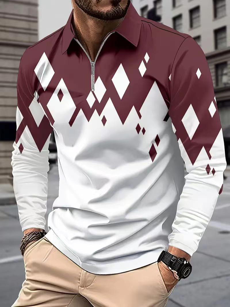 

Men s Plus Size Digital Print Long Sleeve Polo Shirt with Turn-Down Collar - European & American Style for Spring and Autumn Large розы красного