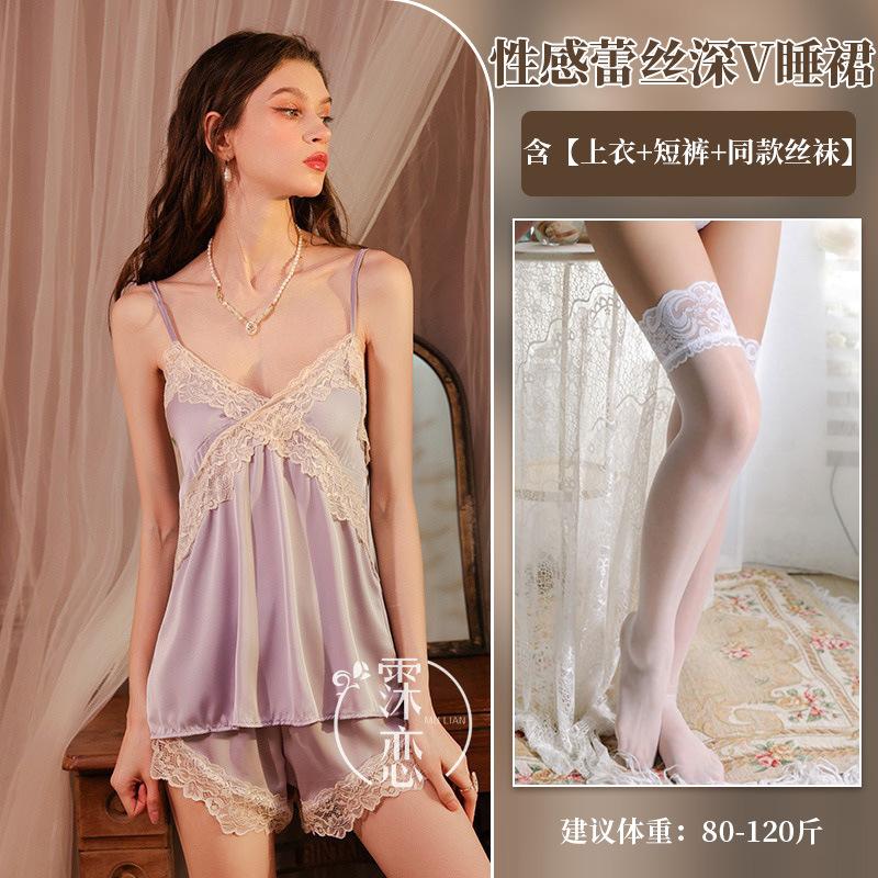 Sexy Deep V Sex Suspender with Chest Pad Women's Summer Two-piece High-end Clothing Set