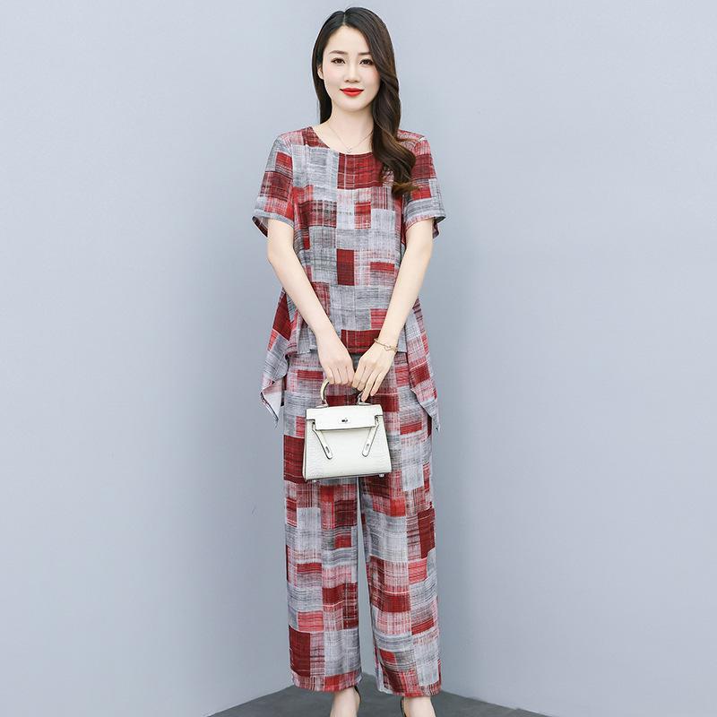 

Cotton Silk Printed Two-Piece Set for Women - Loose, Irregular Fashion for Middle-Aged and Elderly Mothers, Plus Size Available XXL (110-130 lbs)