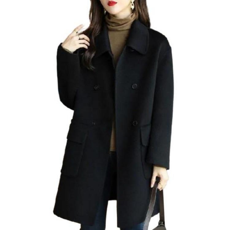 Warm Thickened Woolen Coat for Women Autumn Winter Double Breasted Lapel Flap Pockets Mid Length Loose Fit Overcoat