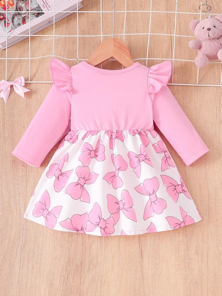 Girls Long Sleeve Ruffle Dress Basic Crewneck Everyday Dress Soft Print Dress For Kids