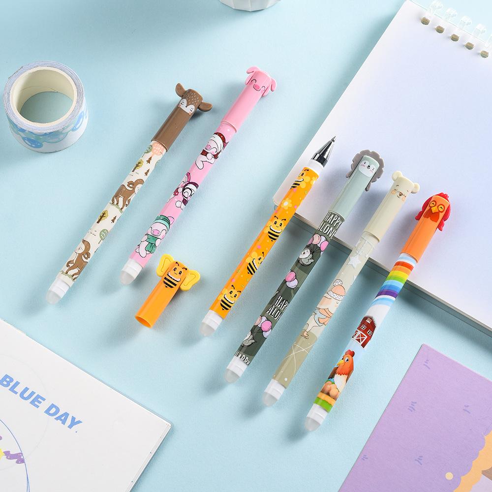 6 Colors Erasable Gel Pen 0.5mm Cute Cartoon Animal Erasable Pen Colors Ink Ballpoint Pen Writing Error Erasable for School