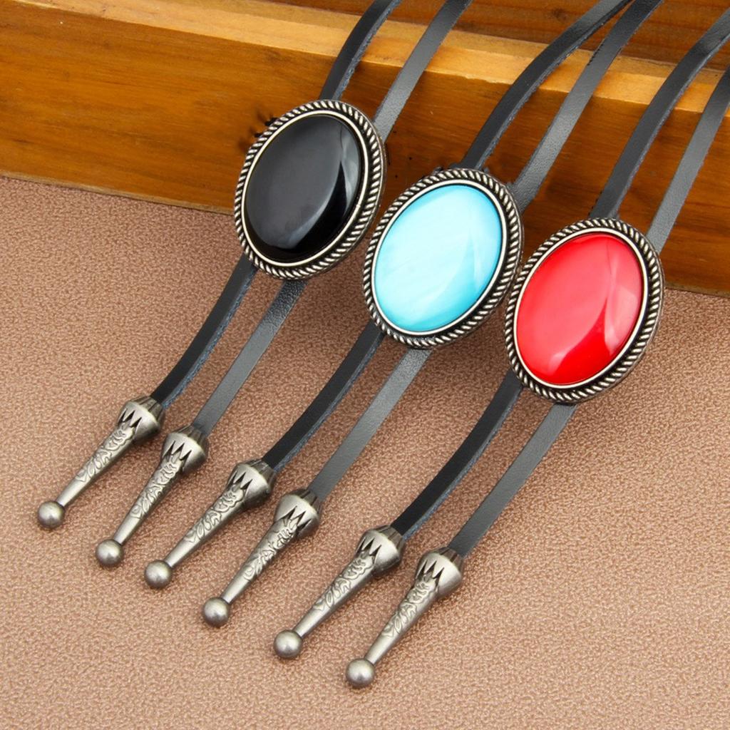 Unisex Vintage Oval Shape Stone Pendant Bolo Tie Western Faux Leather Rope Necktie Jewelry Shirt Collar Chain Necklace