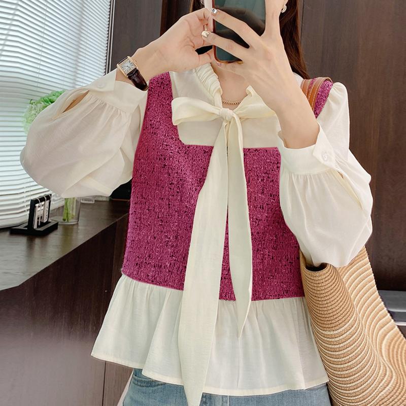 

VONDA Women Stand Collar Tied Fake Two Piece Long Sleeve Blouses L темно-рожевого кольору