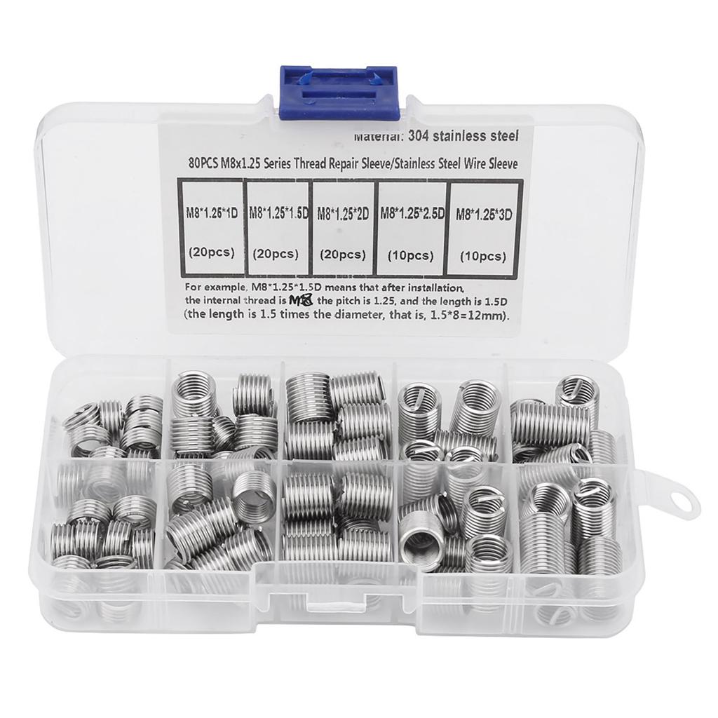 80PCS  M8*1.25 Stainless Steel Coiled Wire Helical Screw Threaded Inserts Set