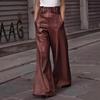 Pu Leather Women's Long Pant Solid Color High Waist Wide Leg Lady Trousers Pleated Pockets Belt Vintage Female Streetwears