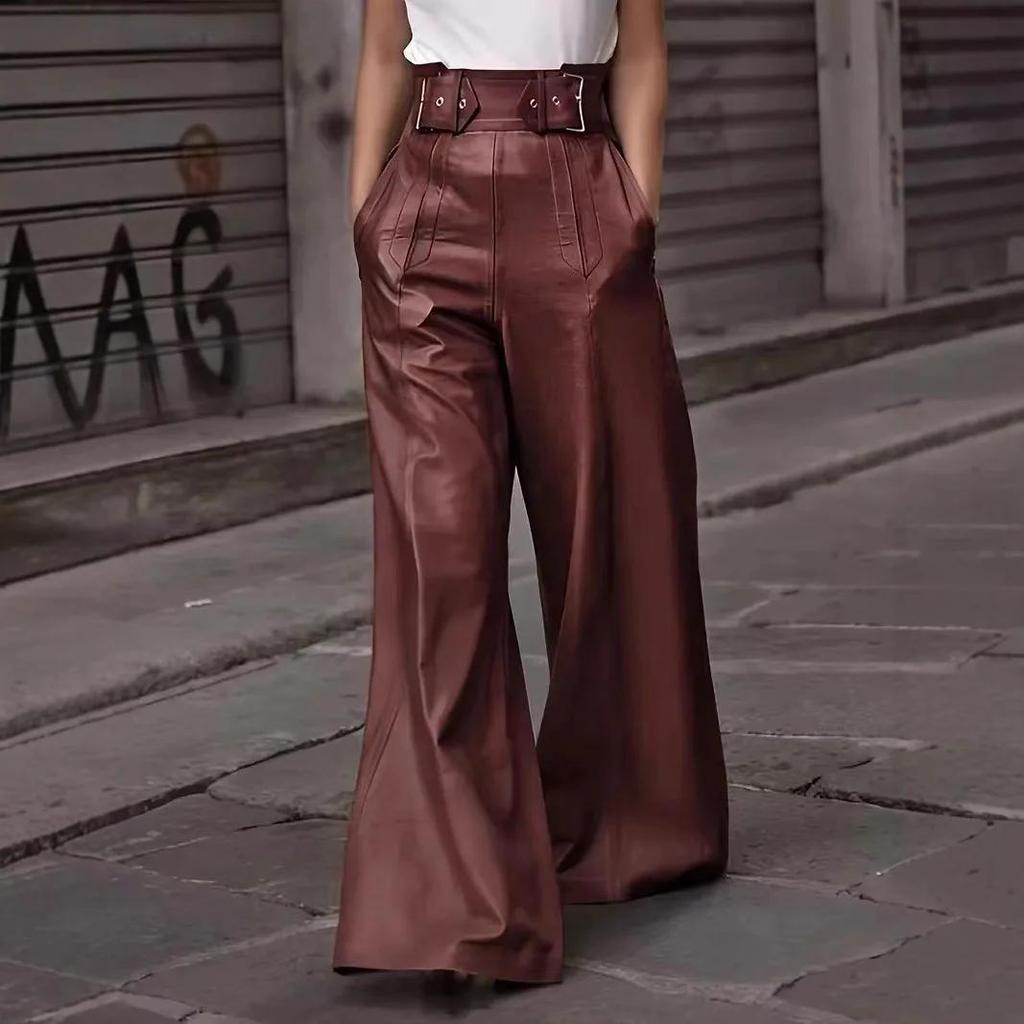 Pu Leather Women's Long Pant Solid Color High Waist Wide Leg Lady Trousers Pleated Pockets Belt Vintage Female Streetwears