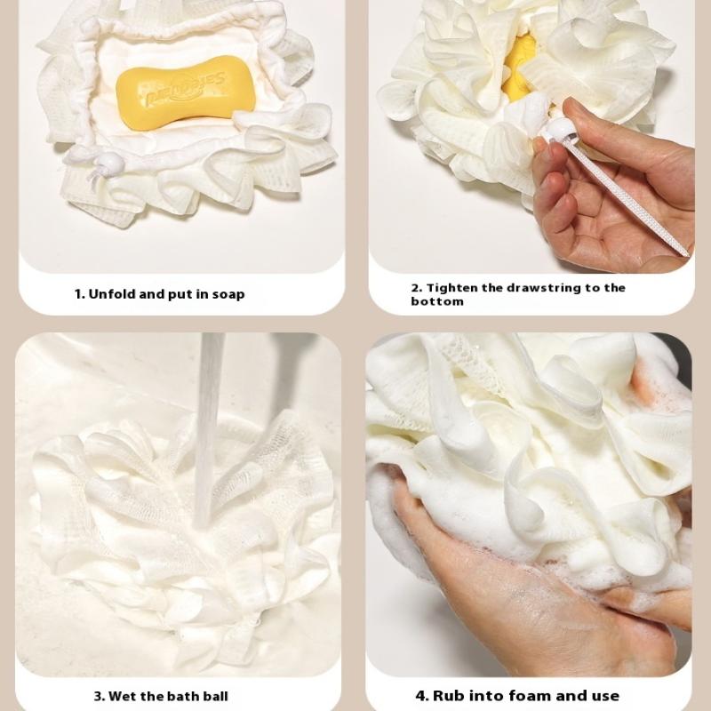 2-In-1 Bath Ball Towel Loofah With Drawstring Closure For Soap Soft Exfoliating Mesh Shower Sponge Skin Care Bathing Tool