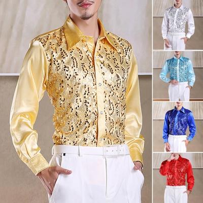 Männer Luxus Pailletten Performance Hemd Revers Langarm Einreiher Hochzeit Bühne Hemd Slim Fit Formale Casual Shirt Tops