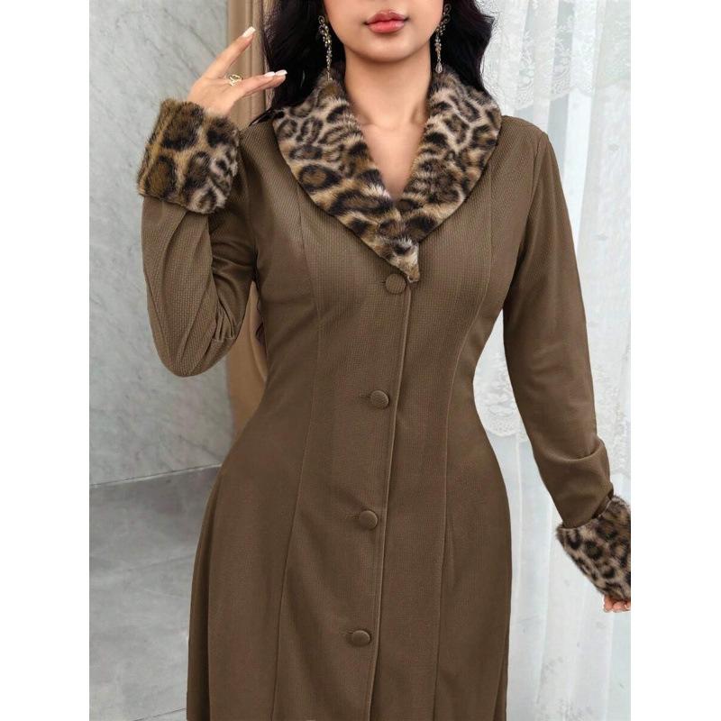 European autumn fashion commuter leopard print splicing front buckle long sleeve V neck long dress women S