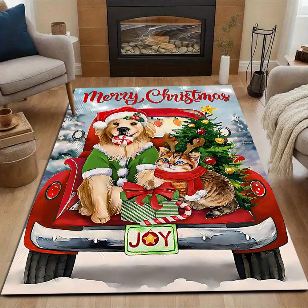 Golden Retriever & Cat Christmas Joy Scene Patterned Carpet, Non Slip Mat Suitable for Living Room and Bedroom Sofas