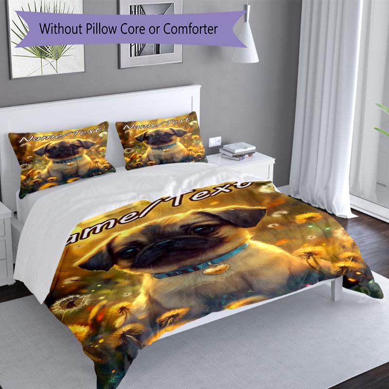 3PC Custom Name Pug Puppy Dandelions Bedding Set Duvet Cover Closure Includes 1 Duvet Cover & 2 Pillowcases for Bedroom