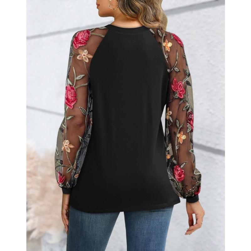YYFS Women's Fashion Casual Spring Fall Flower Pattern Print Long Sleeve O-Neck Blouses & Shirts