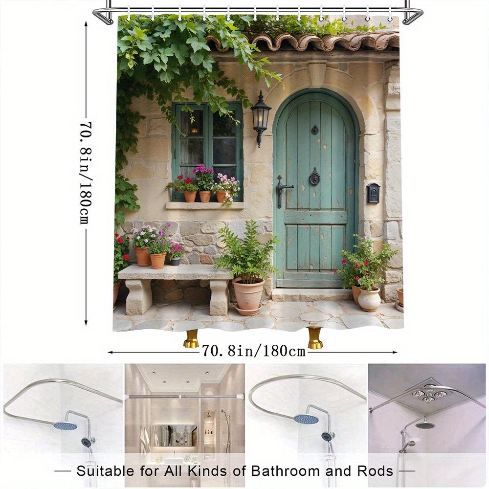 GAERustic Cottage Shower Curtain Weathered Turquoise Door Vintage Lantern Flowers European Style Polyester Washable with Hooks