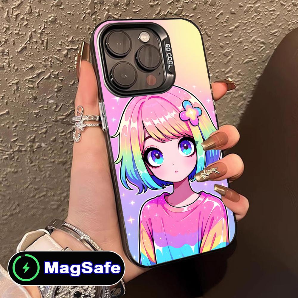 Kawaii Pink Anime Girl Phone Case for iPhone 16 15 14 13 12 11 Pro Max Plus MagSafe Translucent Colour Protective Cover Luxury
