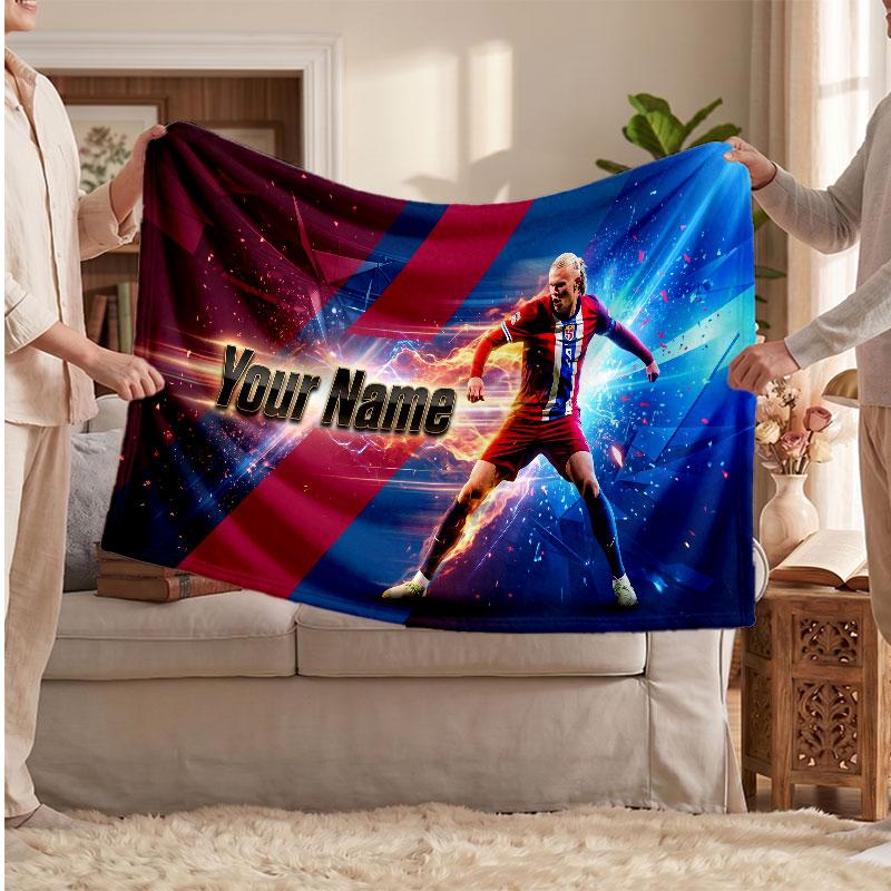 Erling Haaland Personalisierte Fleecedecke Mit Fußballlogo, Individueller Name Text Weich Warm Wohnzimmer Überwurfdecke