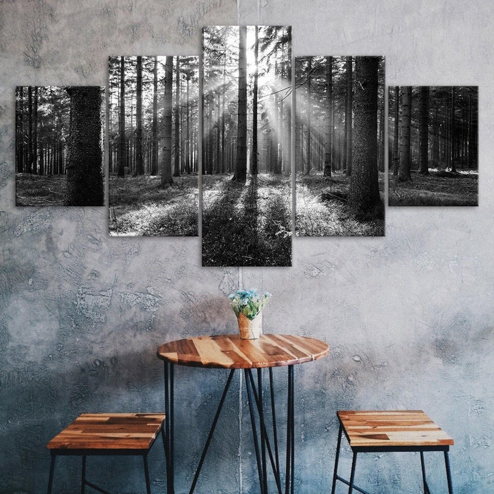 

Black and White Forest Trees Sun Rays Scene 5 Piece Canvas Wall Art Multi Panel Print Modern Poster Home Decor Picture Gift For Him For Her 20X35 20X45 20X55CM